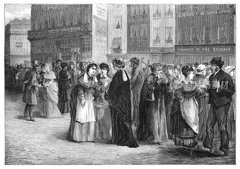 1874年，在法国巴黎的Rue aux Ours雇用洗衣女工的市场